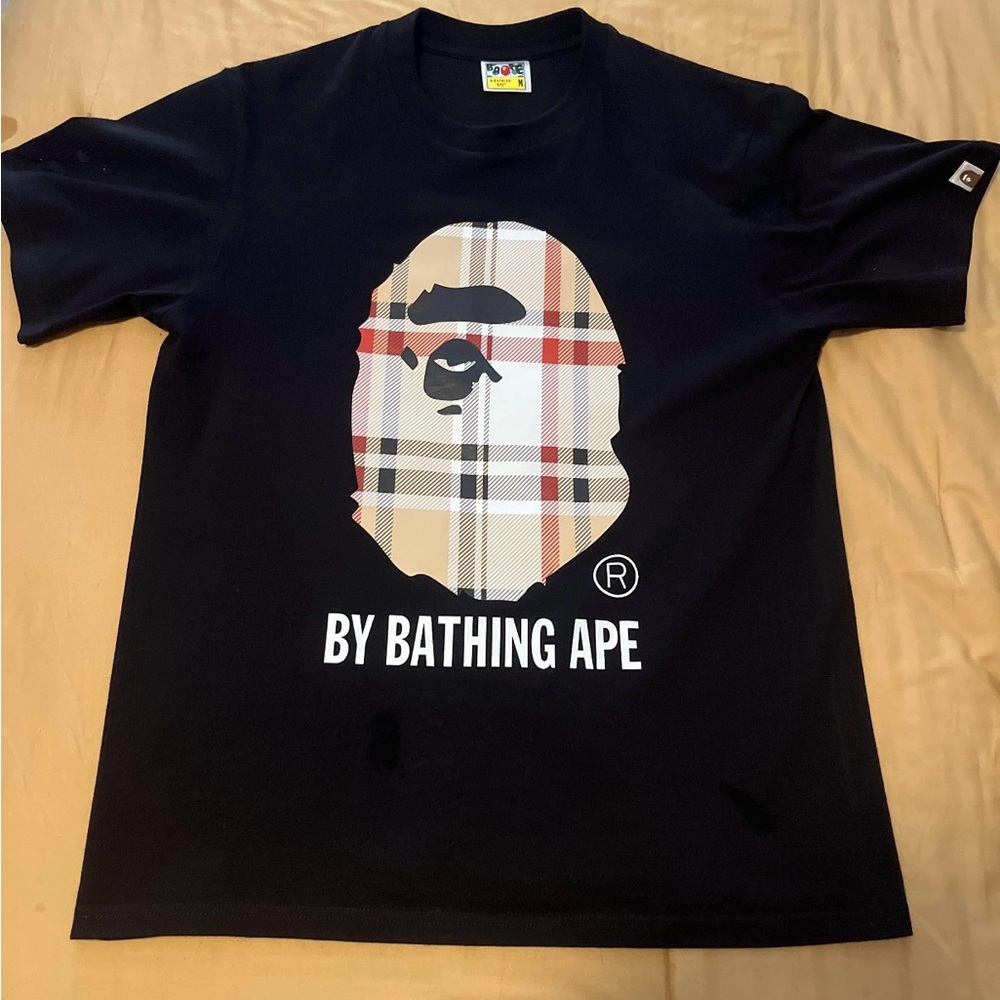 Bape Black Tee with Checkered Ape Graphic
